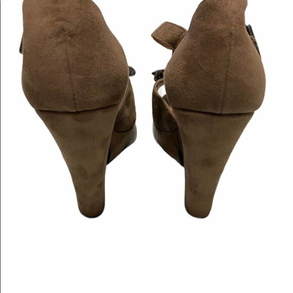 Crown Vintage Mary Jane Peep Toe Bow Wedge Taupe 7 - Picture 5 of 7